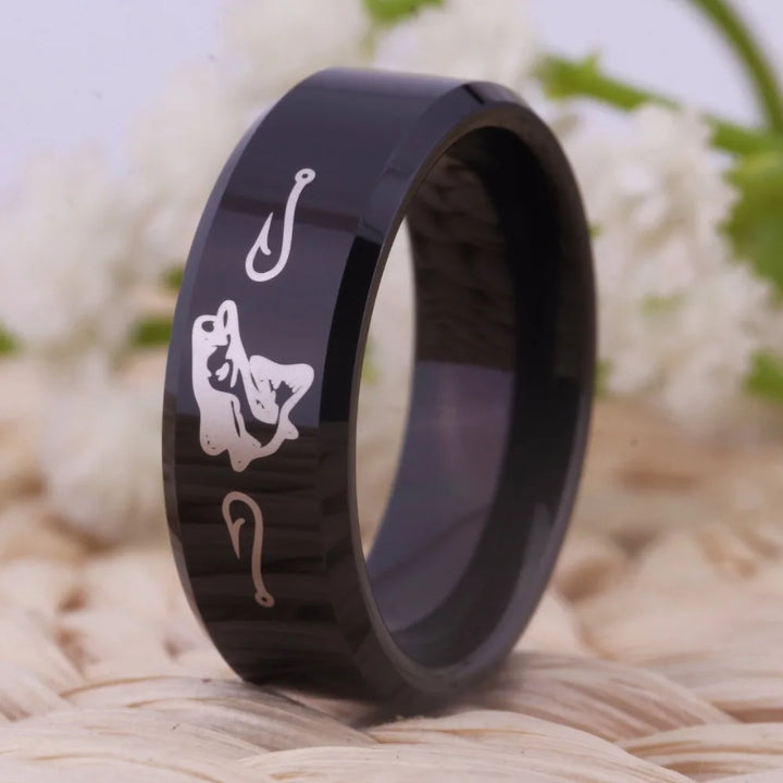 Black Tungsten Fishing Ring – Unisex Outdoor & Hunting Design