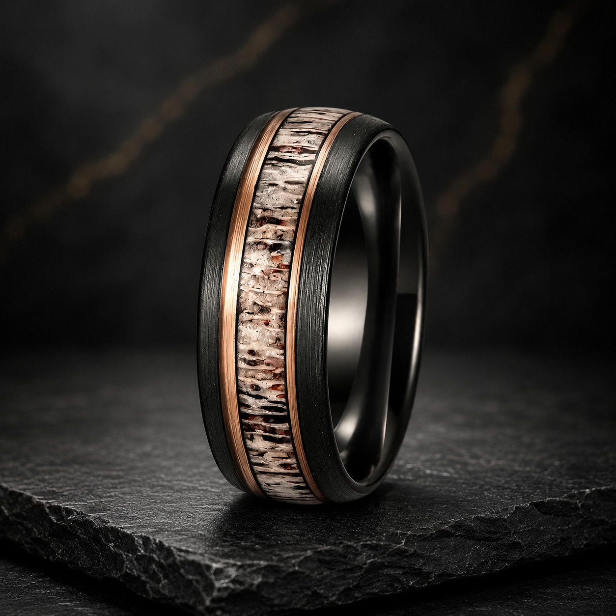 Black Tungsten Ring with Deer Antler & Rose Gold Strip