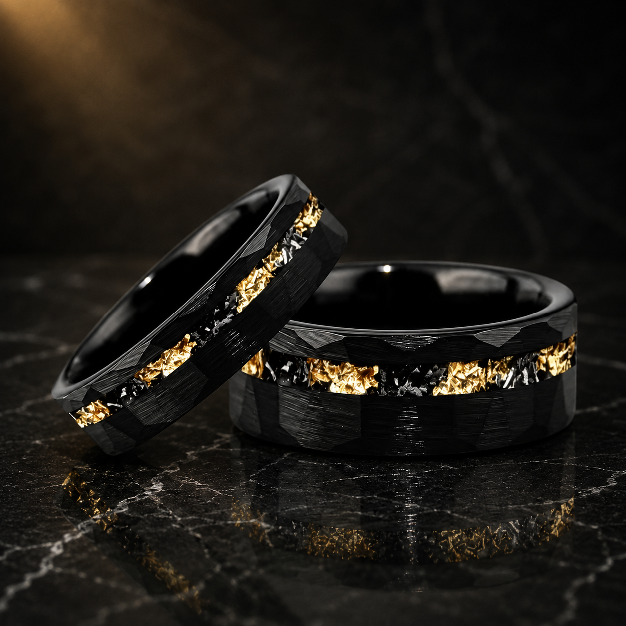 Black Tungsten Ring with Meteorite Gold Foil Inlay