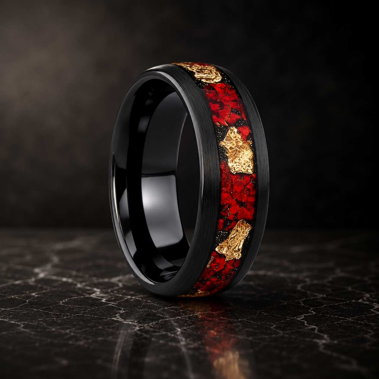 Black Tungsten Ring with Opal & Gold Leaf Inlay