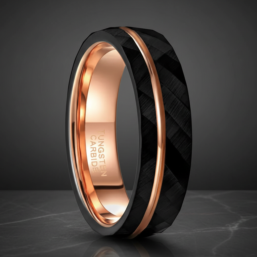 Black Tungsten Ring with Rose Gold Groove