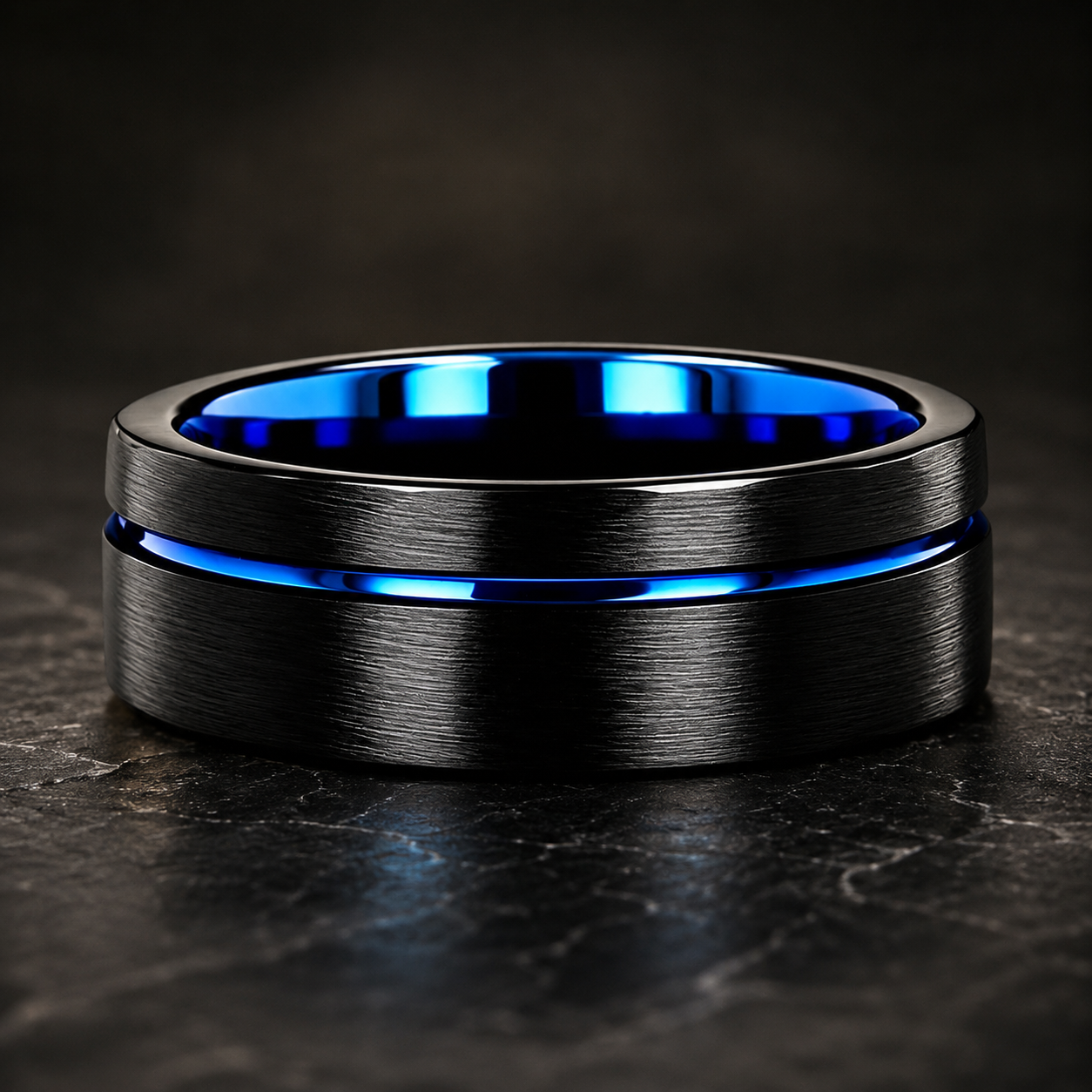 Black Tungsten Ring with Blue Groove Line & Blue Inner Band