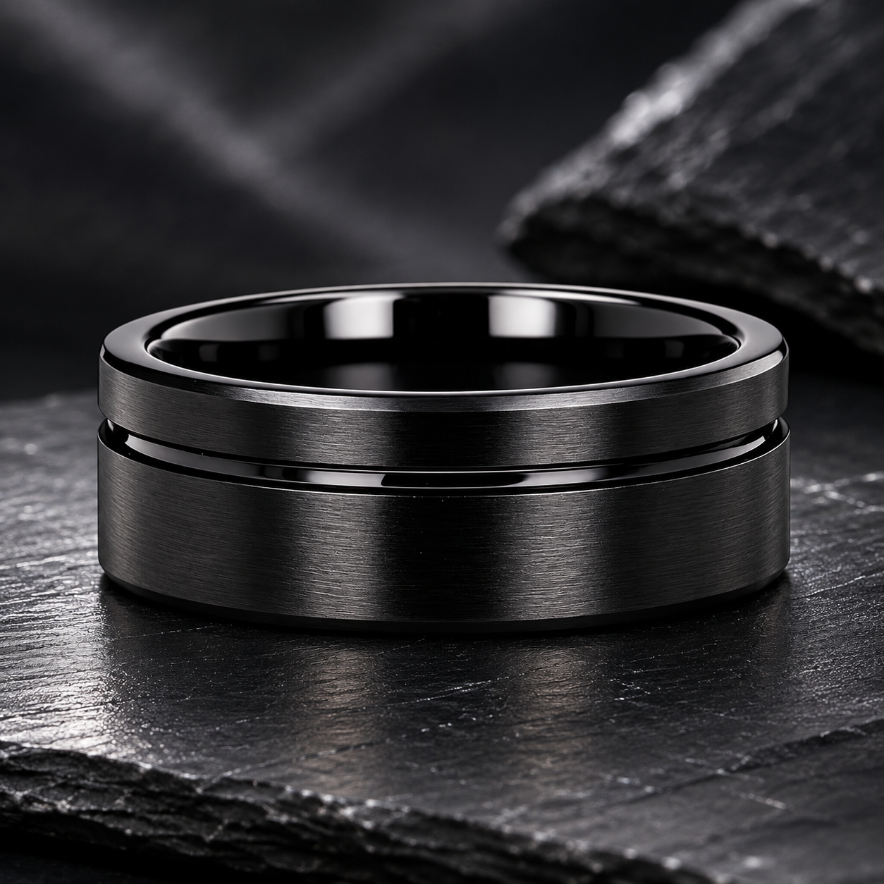 Black Tungsten Ring with Blue Groove Line & Blue Inner Band