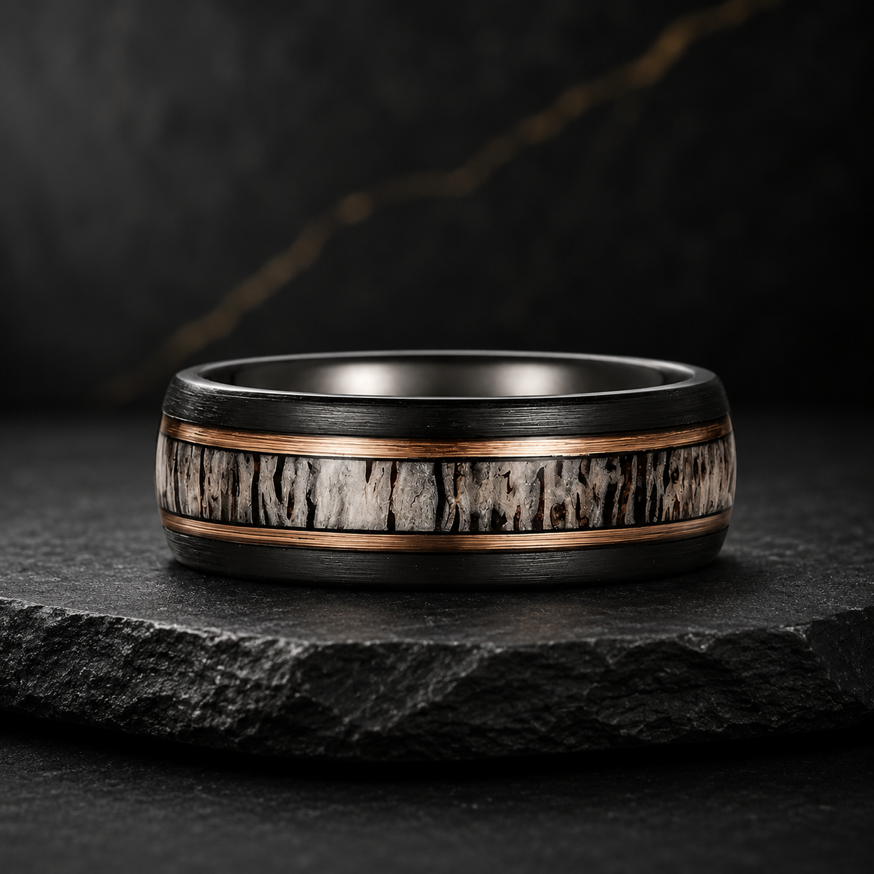 Black Tungsten Ring with Deer Antler & Rose Gold Strip