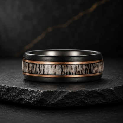 Black Tungsten Ring with Deer Antler & Rose Gold Strip
