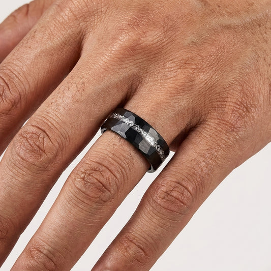 Black Tungsten Ring with Genuine Meteorite Inlay