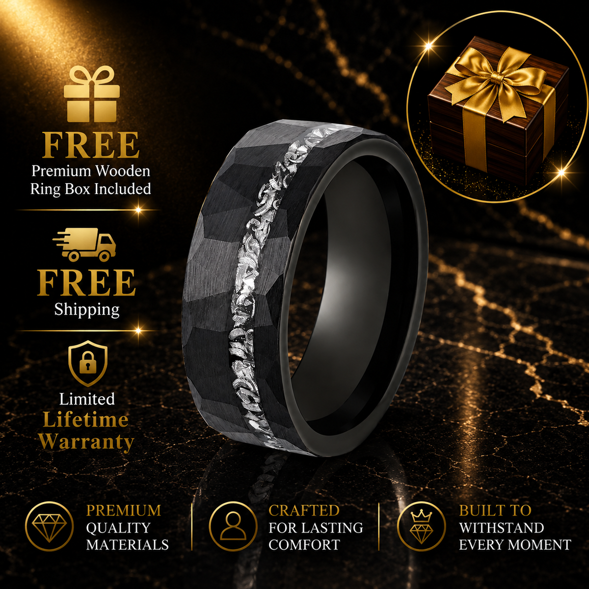 Black Tungsten Ring with Genuine Meteorite Inlay