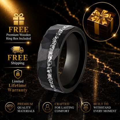 Black Tungsten Ring with Genuine Meteorite Inlay