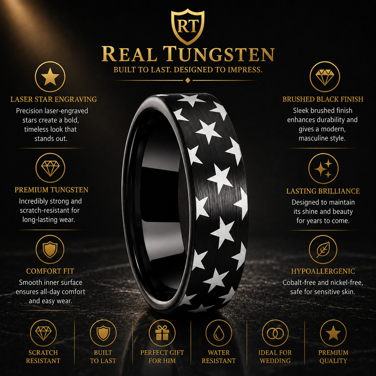 Black Tungsten Ring with Laser Star Engraving