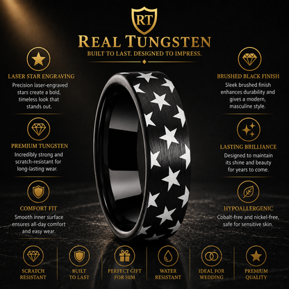 Black Tungsten Ring with Laser Star Engraving