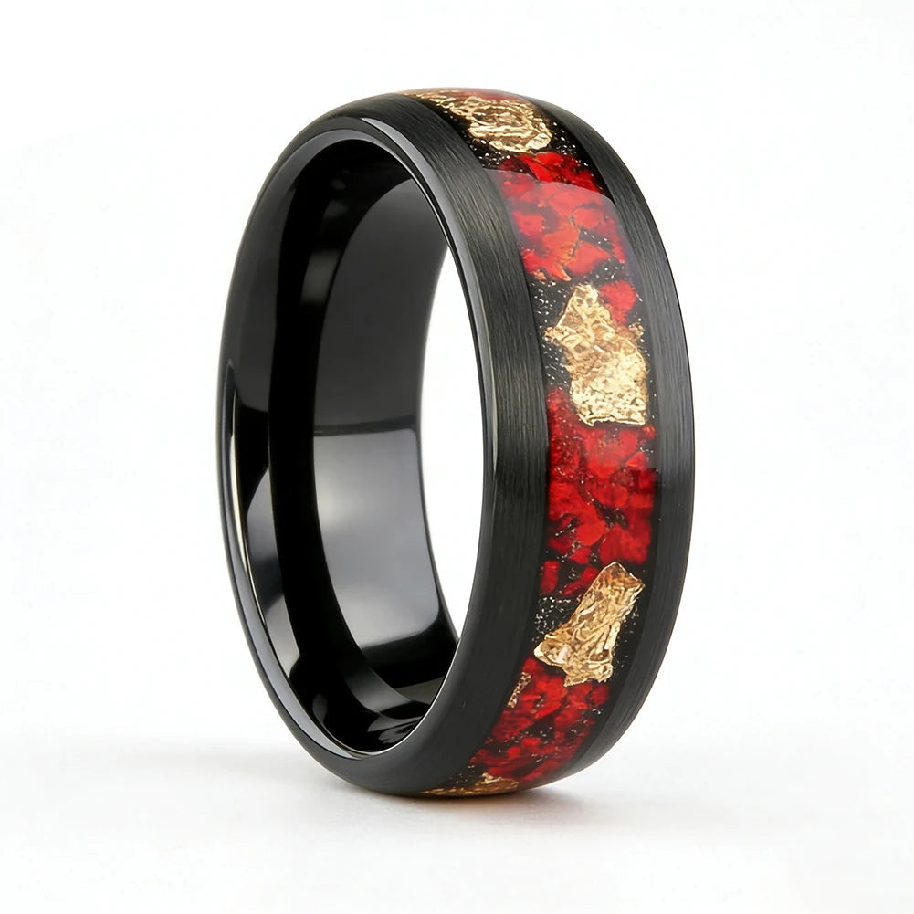Black Tungsten Ring with Opal & Gold Leaf Inlay
