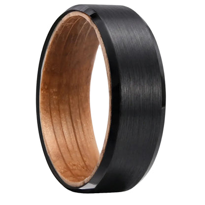 Black Tungsten Ring with Whiskey Barrel Wood