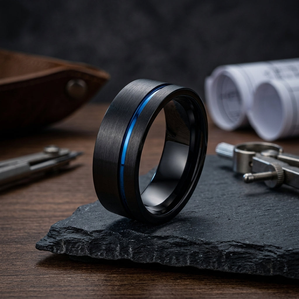 Black Tungsten Wedding Band with Blue Offset Groove