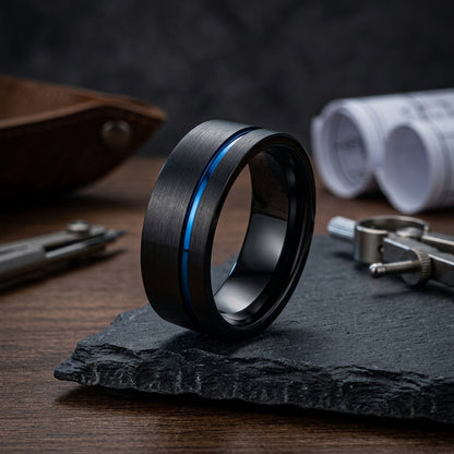 Black Tungsten Wedding Band with Blue Offset Groove
