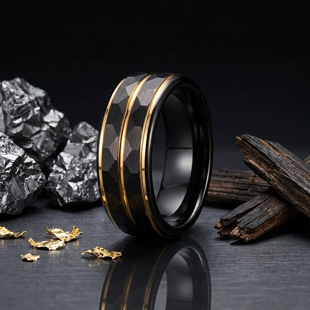 Black Tungsten Wedding Band with Gold Groove