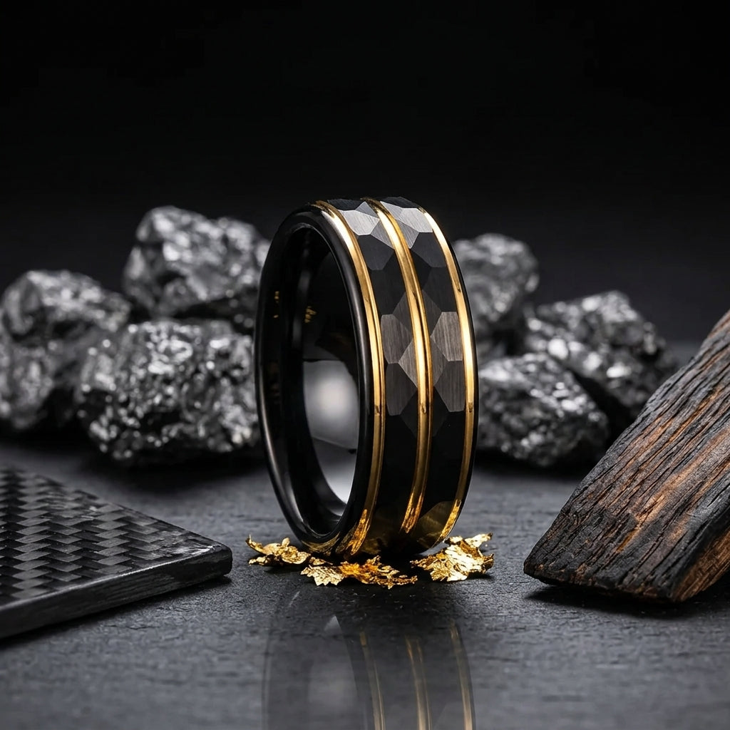 Black Tungsten Wedding Band with Gold Groove