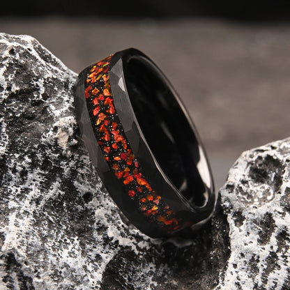 Black Tungsten Wedding Band with Red Opal Inlay