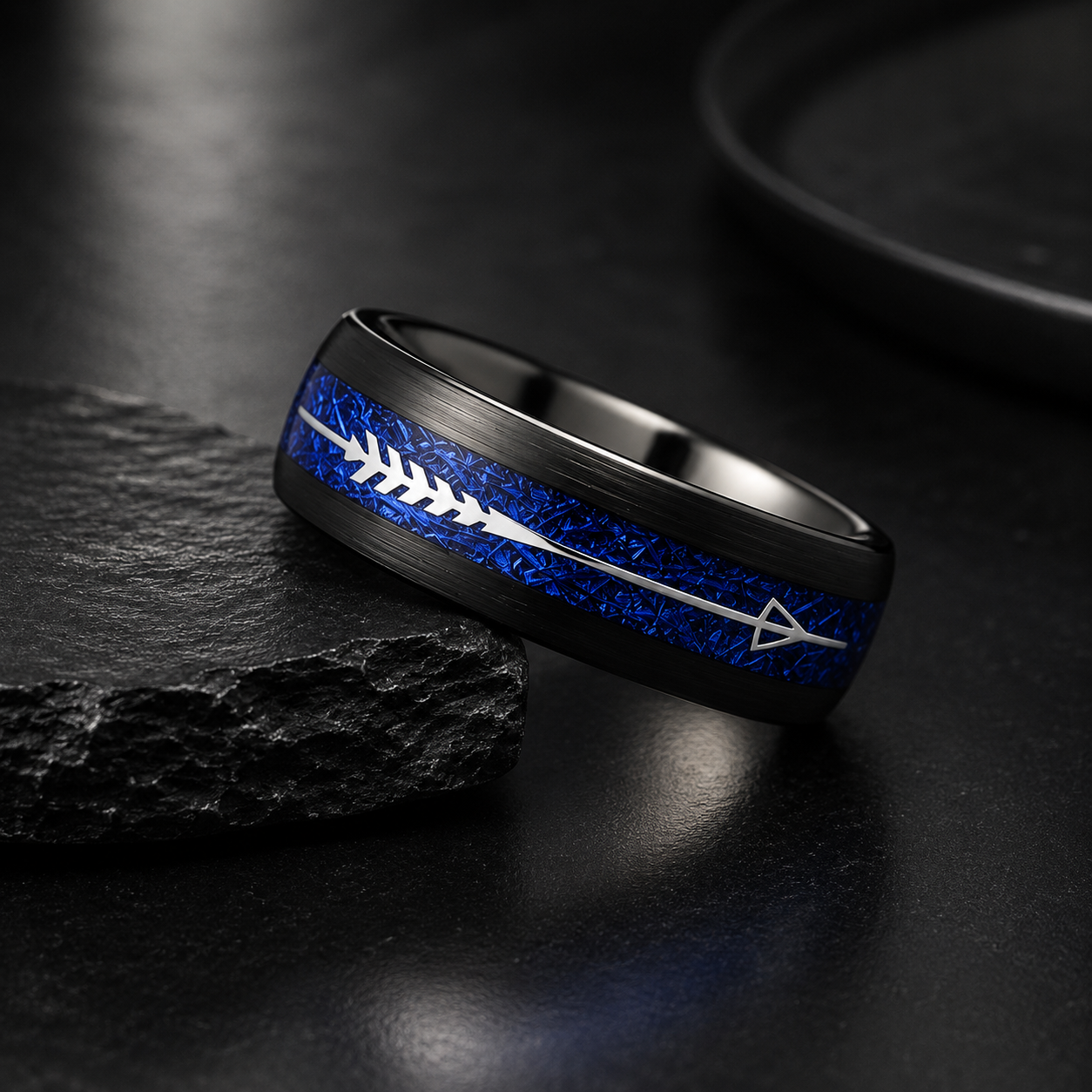 Black Tungsten Arrow Ring with Blue Meteorite Inlay