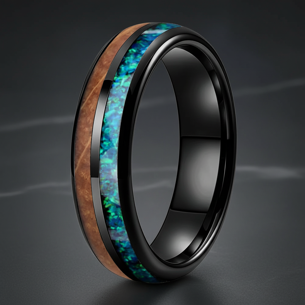 Black Tungsten Blue Opal and Koa Wood Inlay Ring