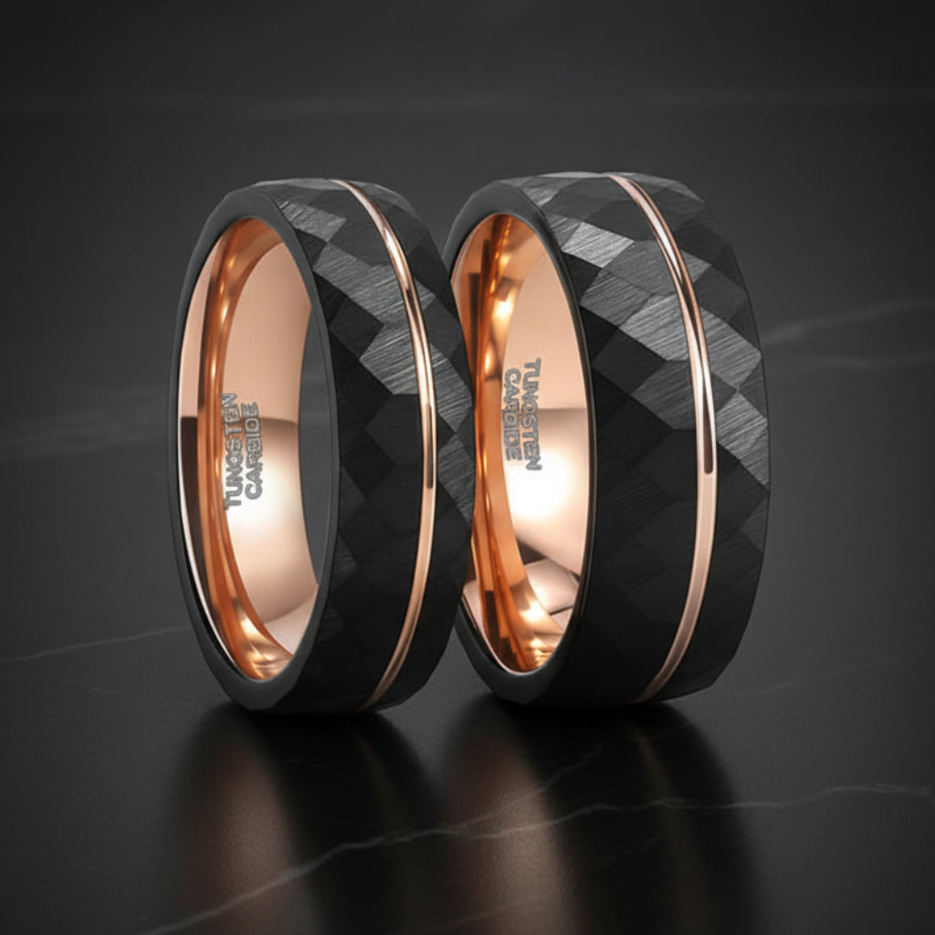 Black Tungsten Ring with Rose Gold Groove