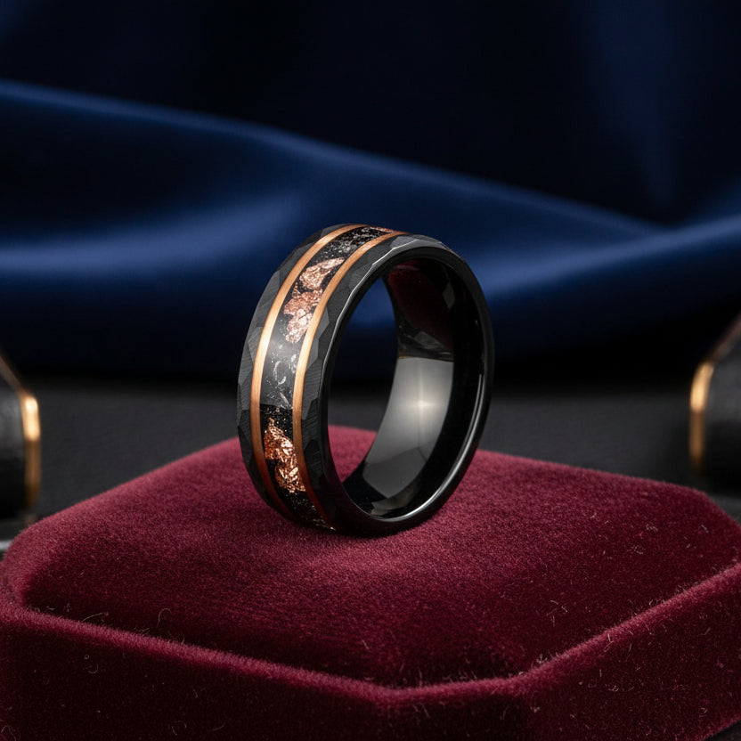 Black Tungsten  Meteorite Ring with Rose Gold Liner
