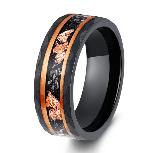 Black Tungsten  Meteorite Ring with Rose Gold Liner