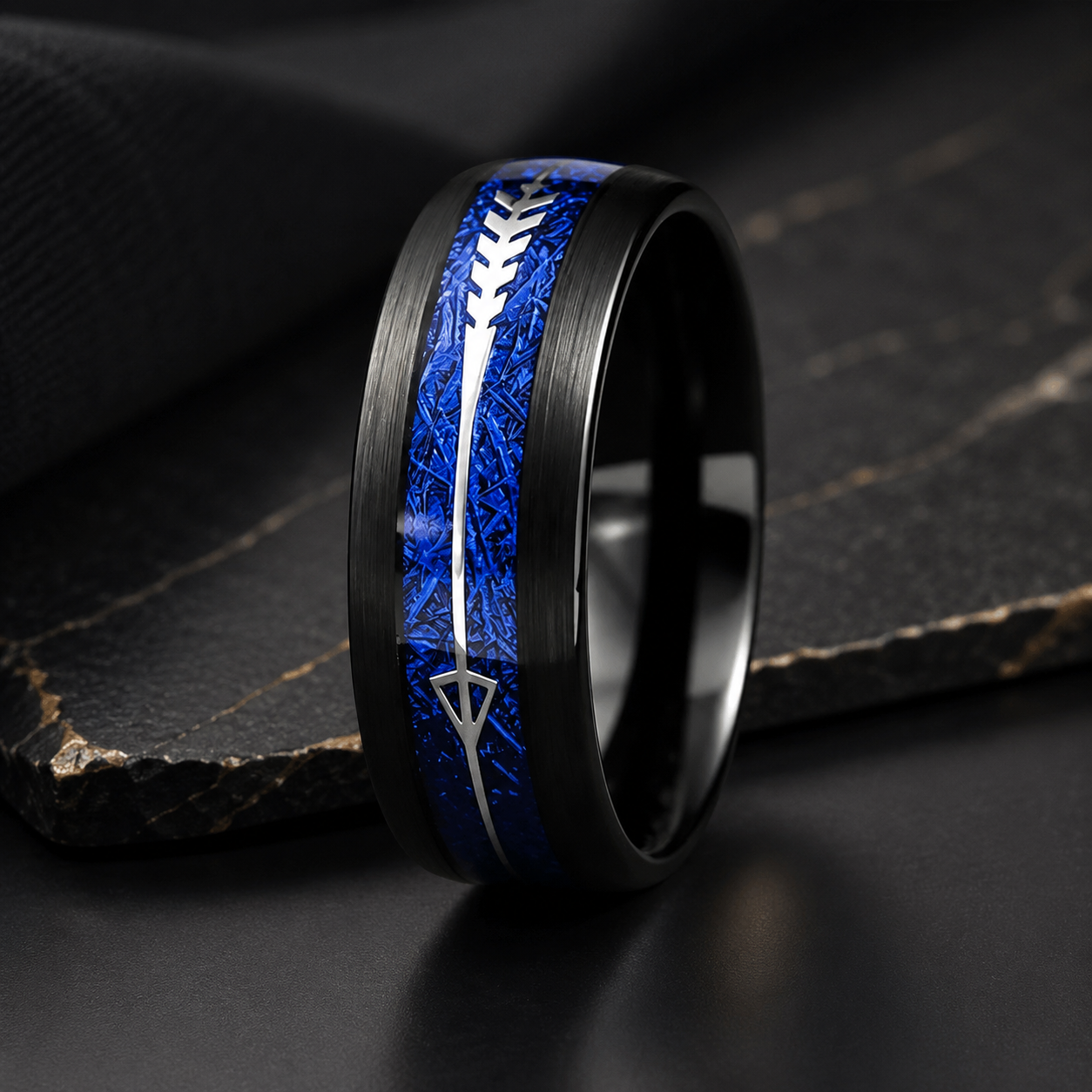 Black Tungsten Arrow Ring with Blue Meteorite Inlay