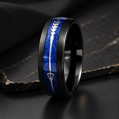 Black Tungsten Arrow Ring with Blue Meteorite Inlay