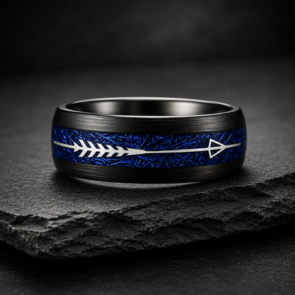 Black Tungsten Arrow Ring with Blue Meteorite Inlay