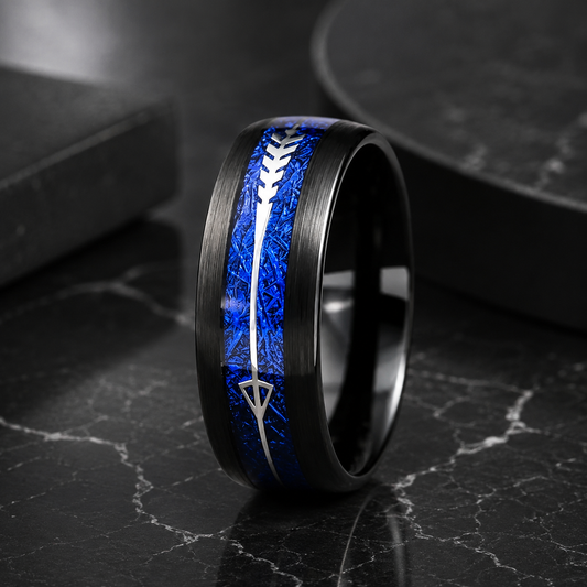 Black Tungsten Arrow Ring with Blue Meteorite Inlay