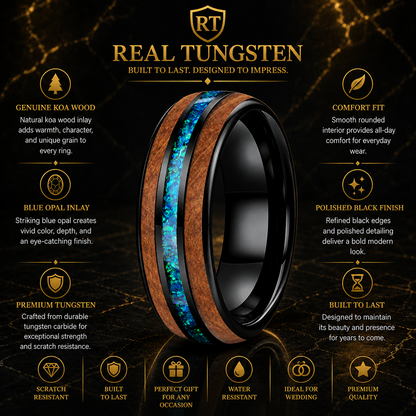 Black Tungsten Blue Opal and Koa Wood Inlay Ring