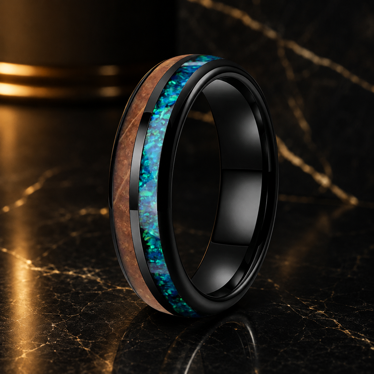 Black Tungsten Blue Opal and Koa Wood Inlay Ring