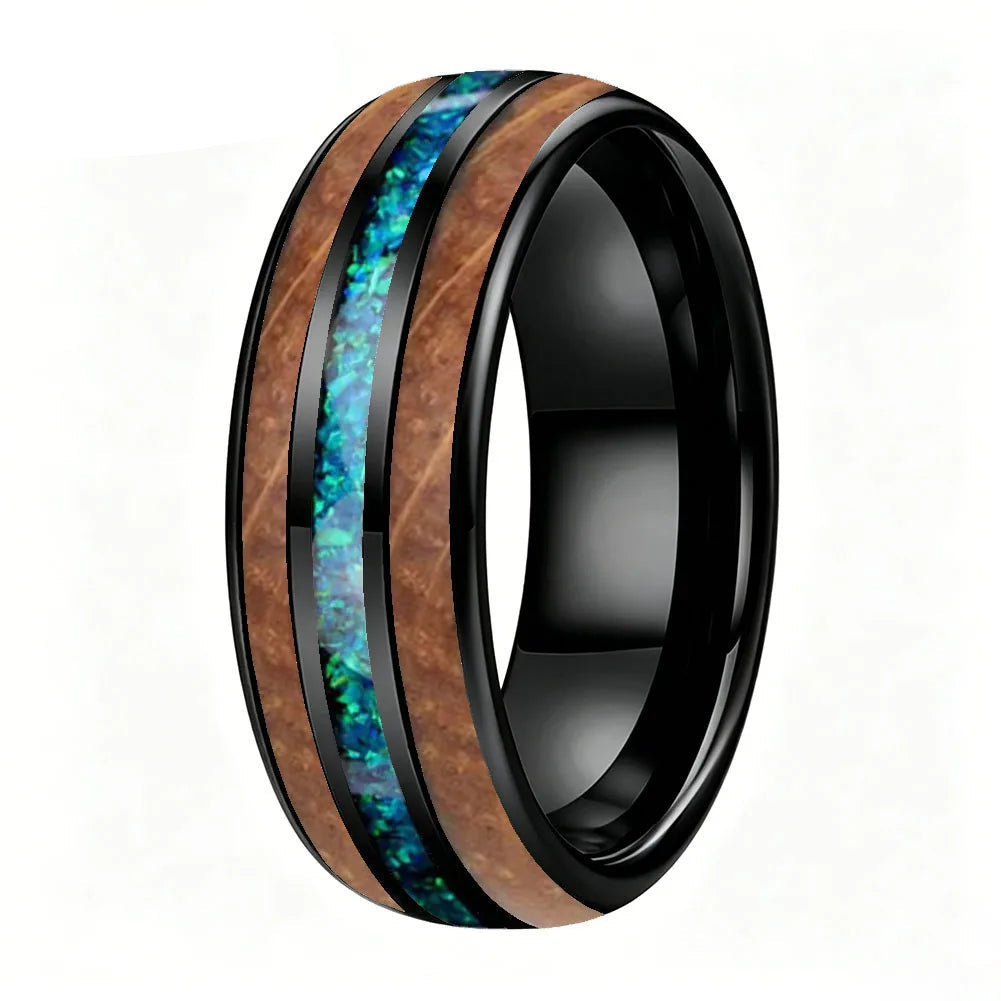 Black Tungsten Blue Opal and Koa Wood Inlay Ring