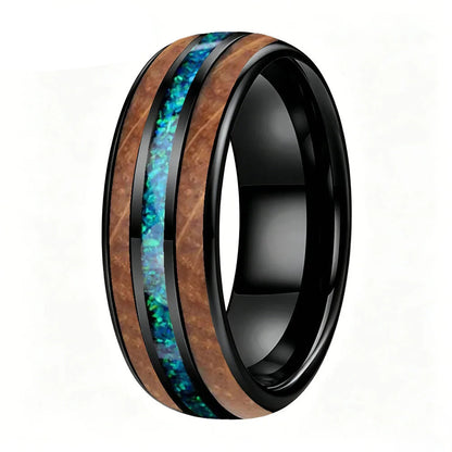 Black Tungsten Blue Opal and Koa Wood Inlay Ring