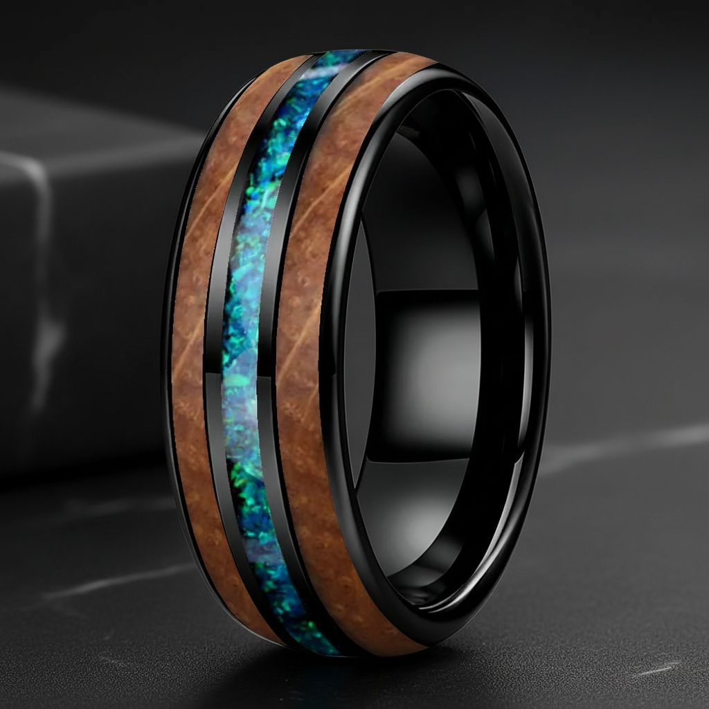 Black Tungsten Blue Opal and Koa Wood Inlay Ring