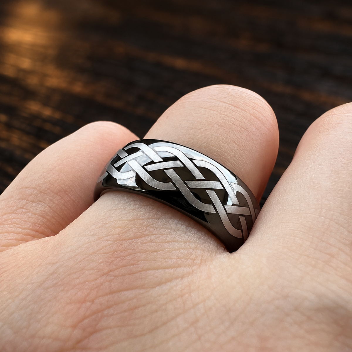 Black Tungsten Ring with Viking Celtic Knot Laser Engraving