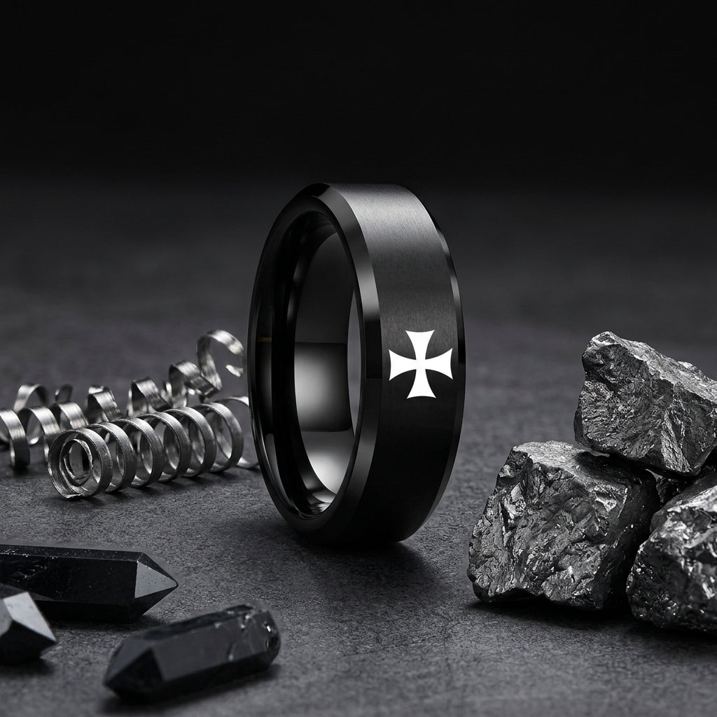 Black Tungsten Cross Ring 