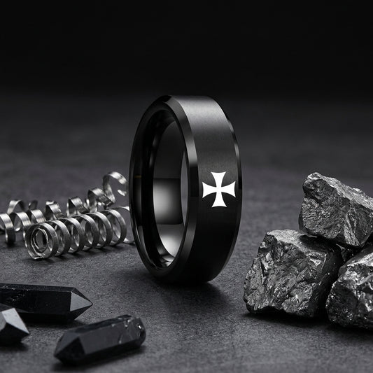 Black Tungsten Cross Ring 