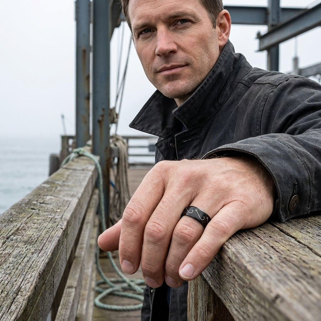 Black Tungsten Fishing Hook Ring