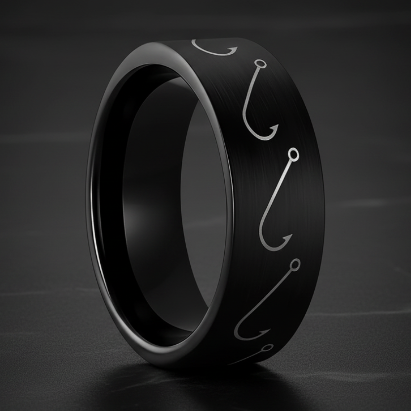 Black Tungsten Fishing Hook Ring