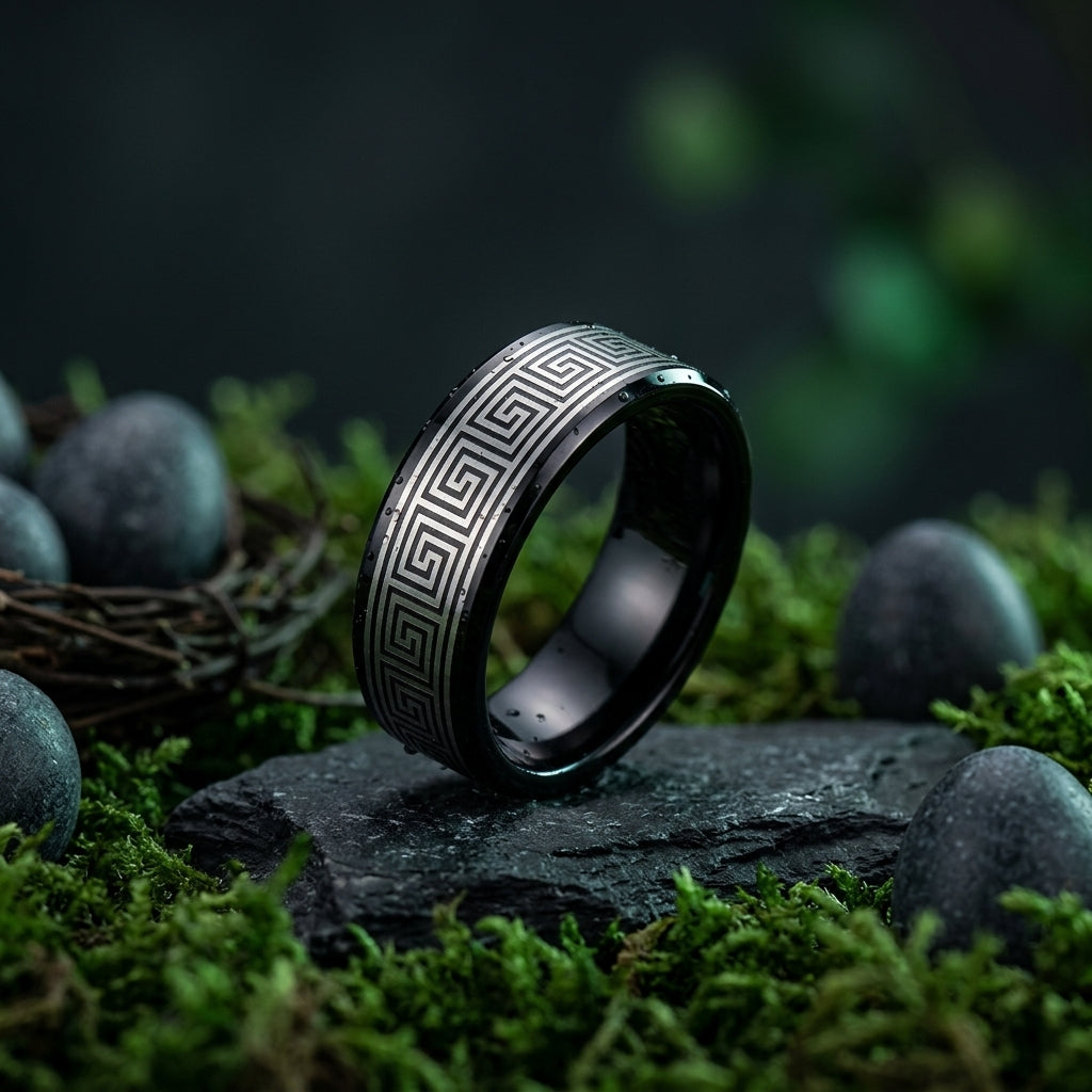 The Infinite Path™ – Black Tungsten Greek Pattern Ring