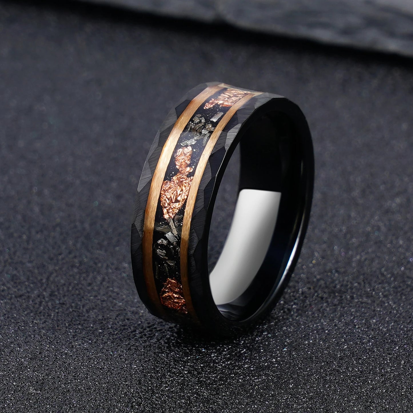 Black Tungsten  Meteorite Ring with Rose Gold Liner