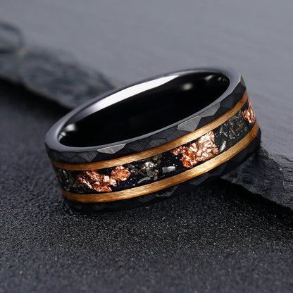 Black Tungsten  Meteorite Ring with Rose Gold Liner