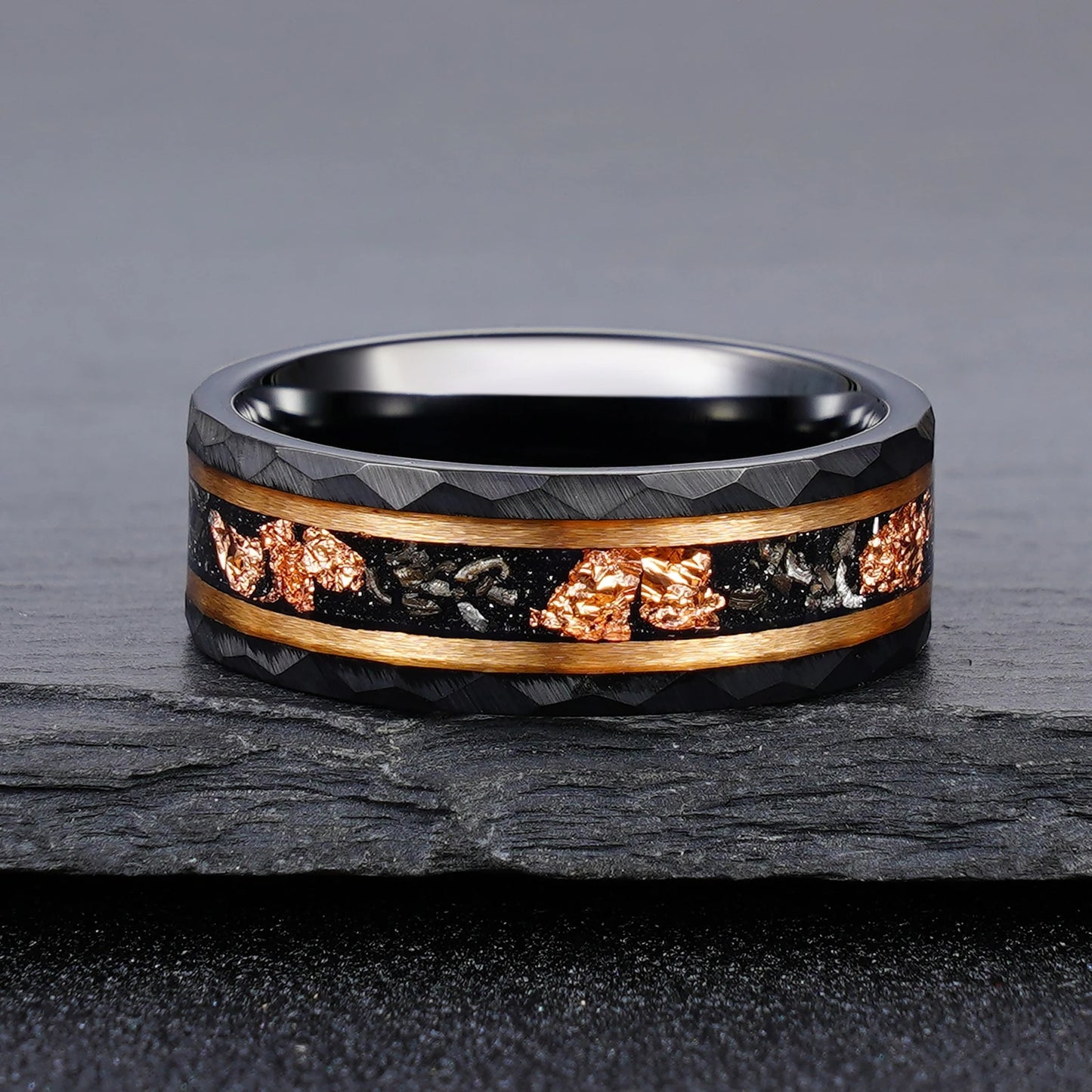 Black Tungsten  Meteorite Ring with Rose Gold Liner