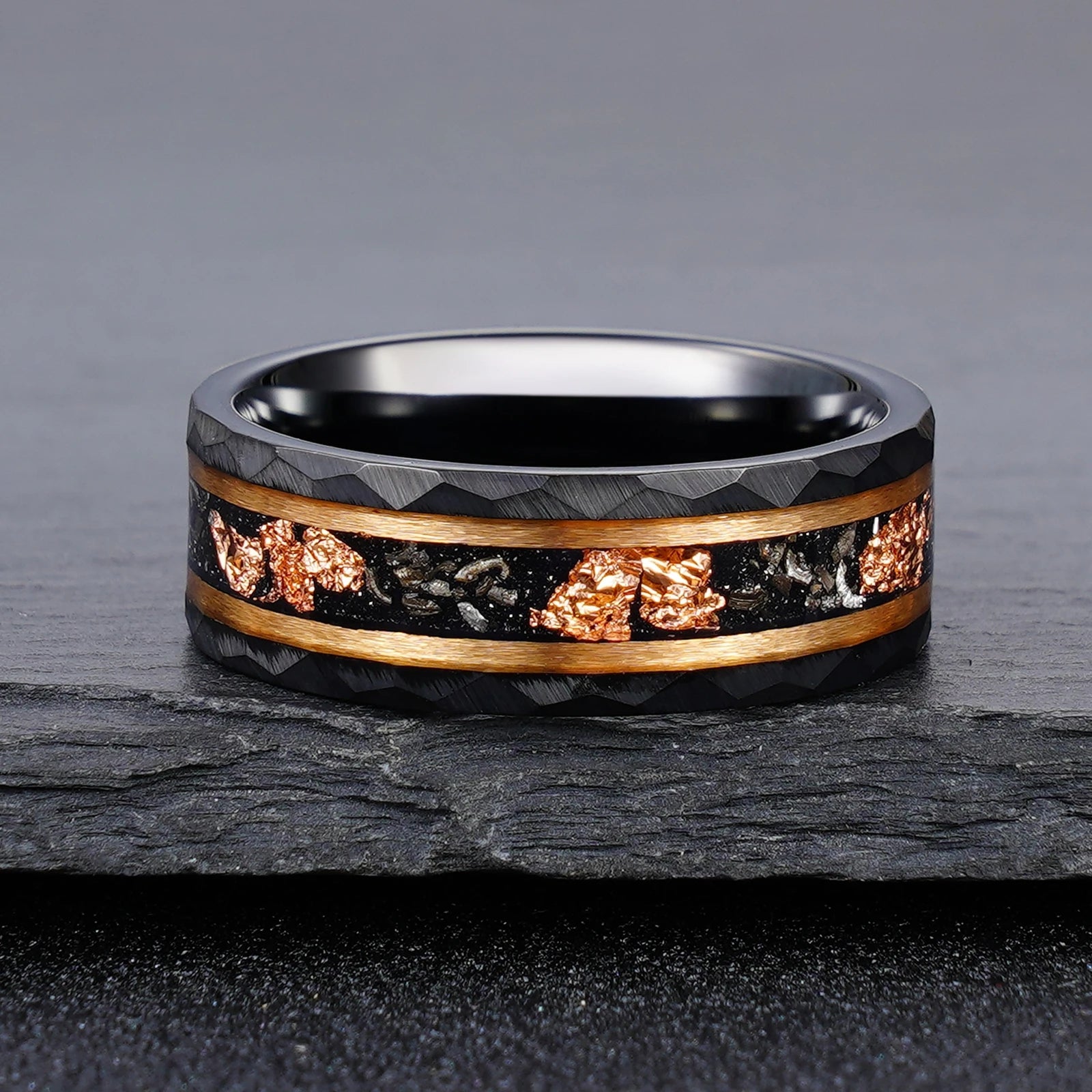 Black Tungsten  Meteorite Ring with Rose Gold Liner