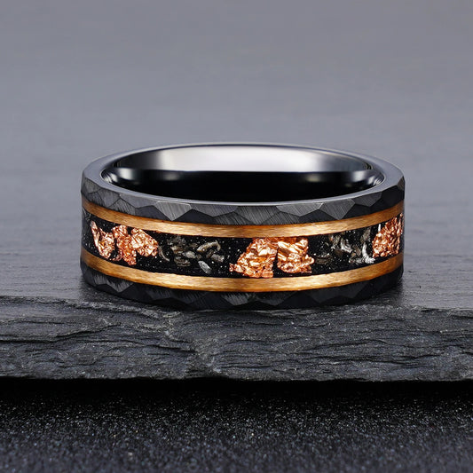Black Tungsten  Meteorite Ring with Rose Gold Liner