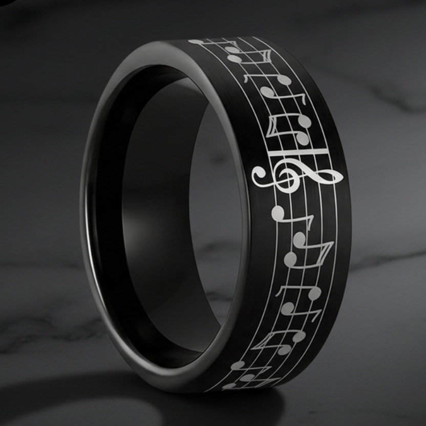 Black Tungsten Music Ring – Musical Note Wedding Band