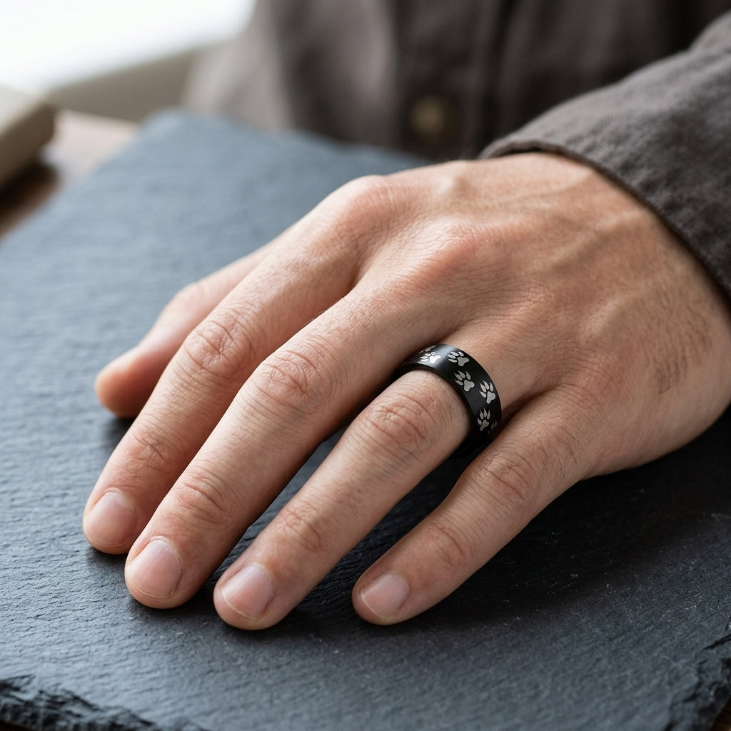 Black Tungsten Paw Print Ring