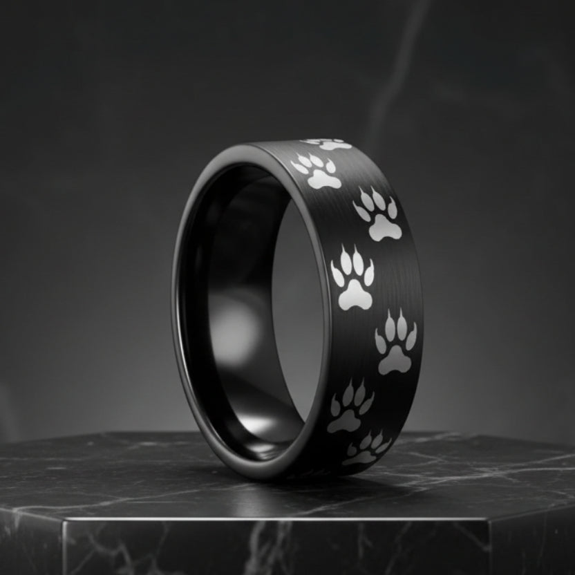 Black Tungsten Paw Print Ring