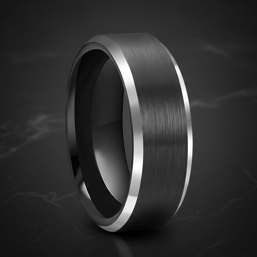 Black Tungsten Ring 8mm – Diagonal Polished Wedding Band